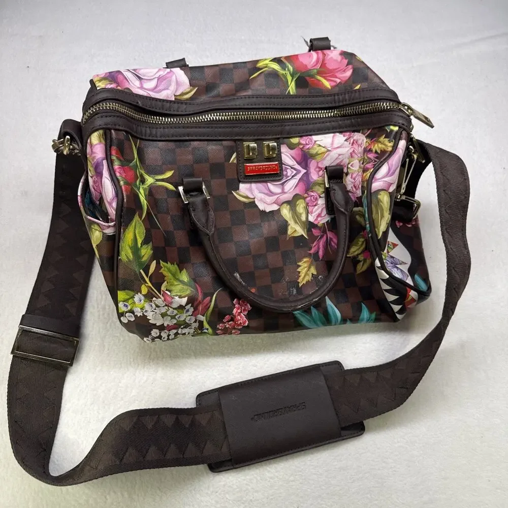 Sprayground Floral Checkered Satchel Gold Hardware Adjustable Strap Blue Lining